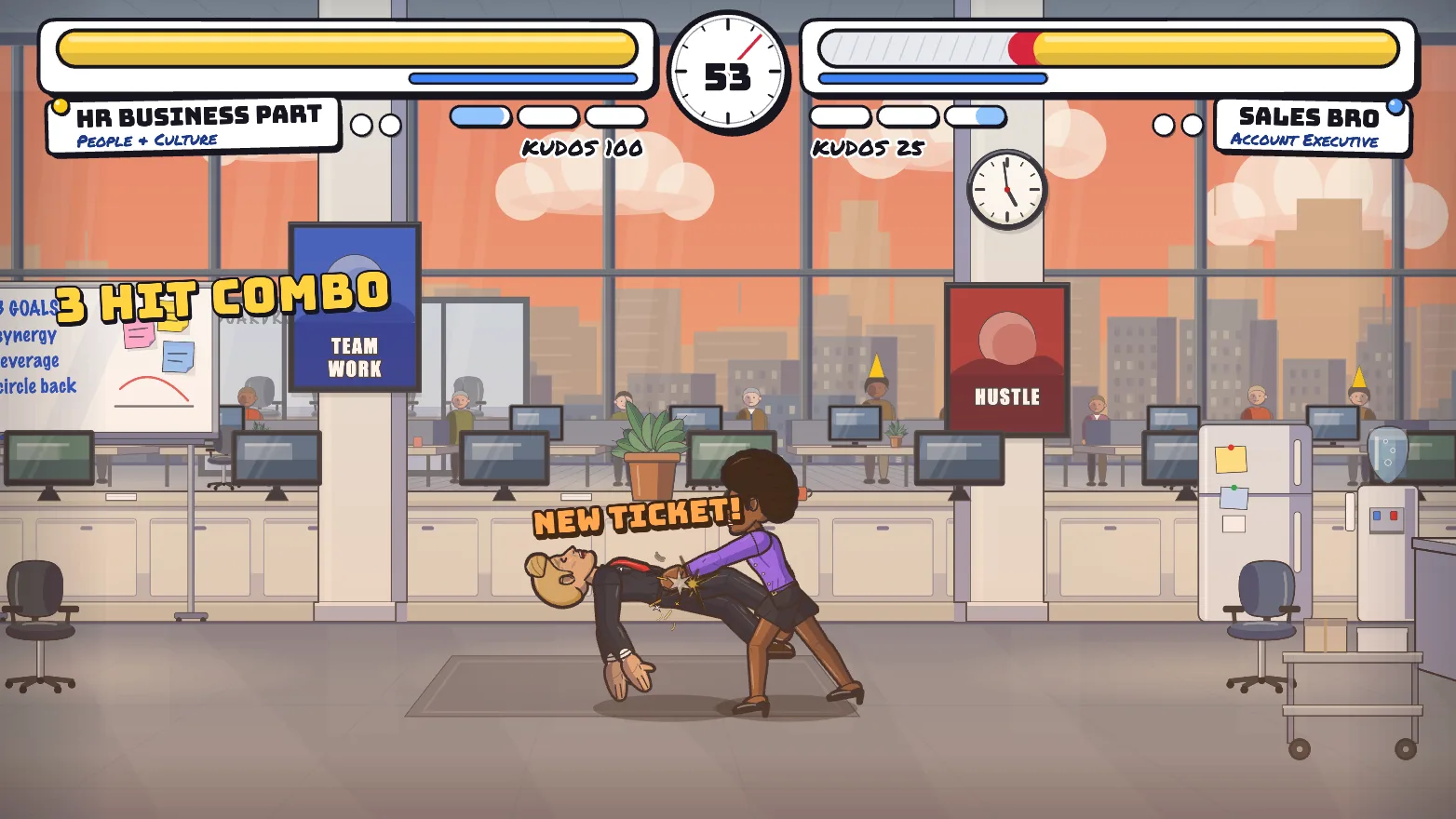 Two cartoon colleagues trade blows in an open-plan office at 5pm on a Friday, with a three-hit combo counter, health bars and a wall clock