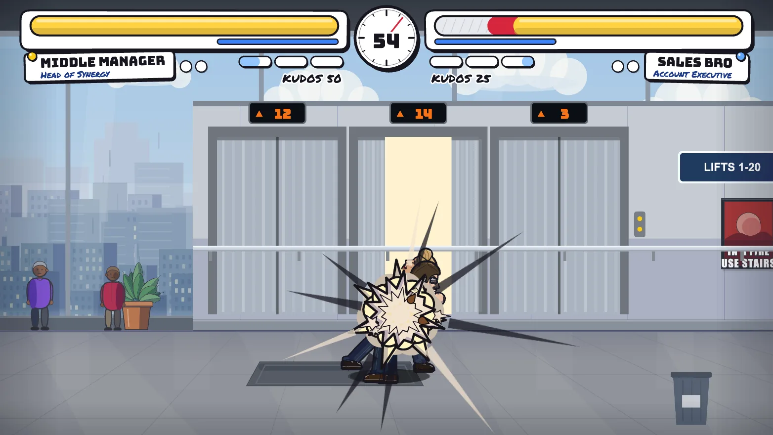 A big hit effect in the lift lobby, an orange and white impact burst between two fighters, with a health bar mid-drain