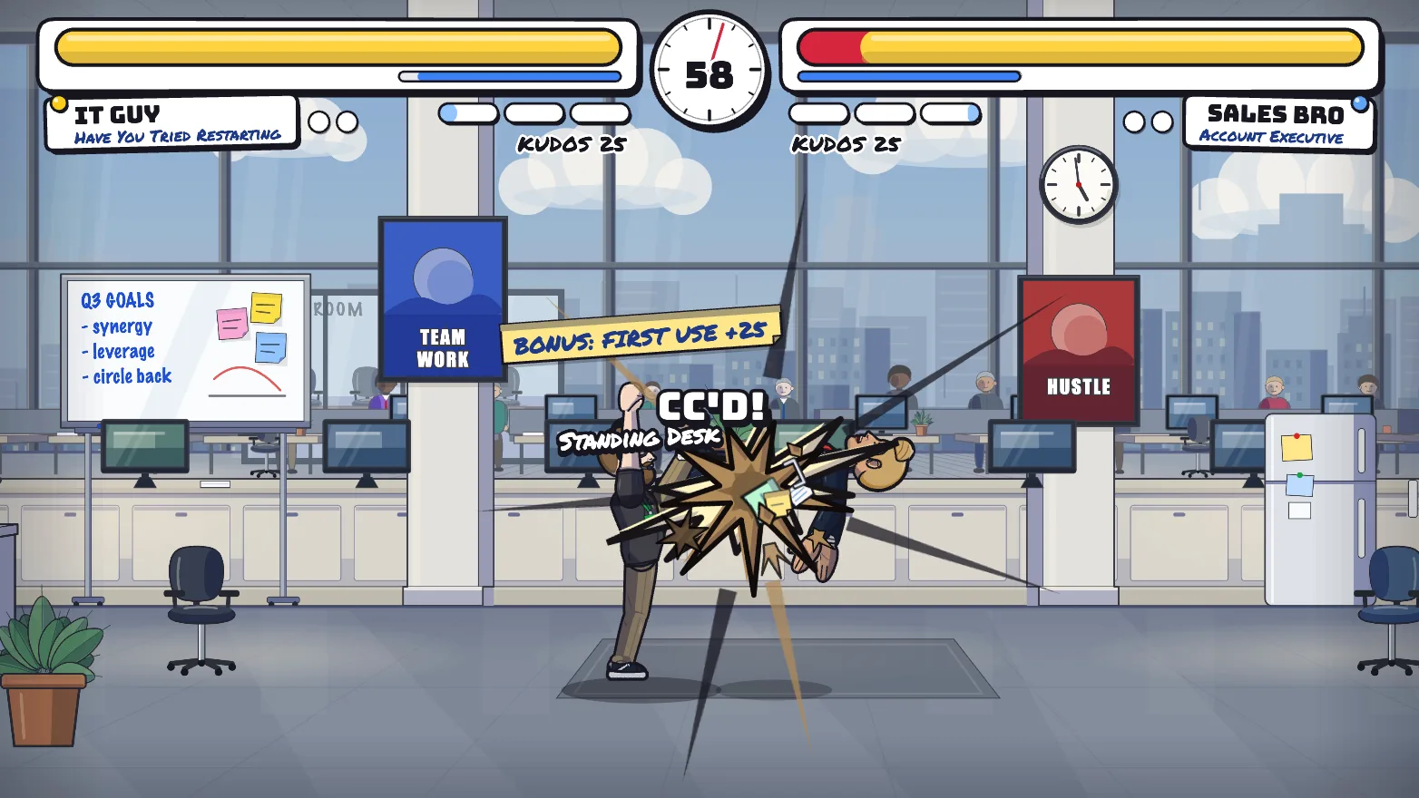 An ink impact burst with flying office debris and the comic word CC'D! as IT Guy lands a Standing Desk uppercut on Sales Bro