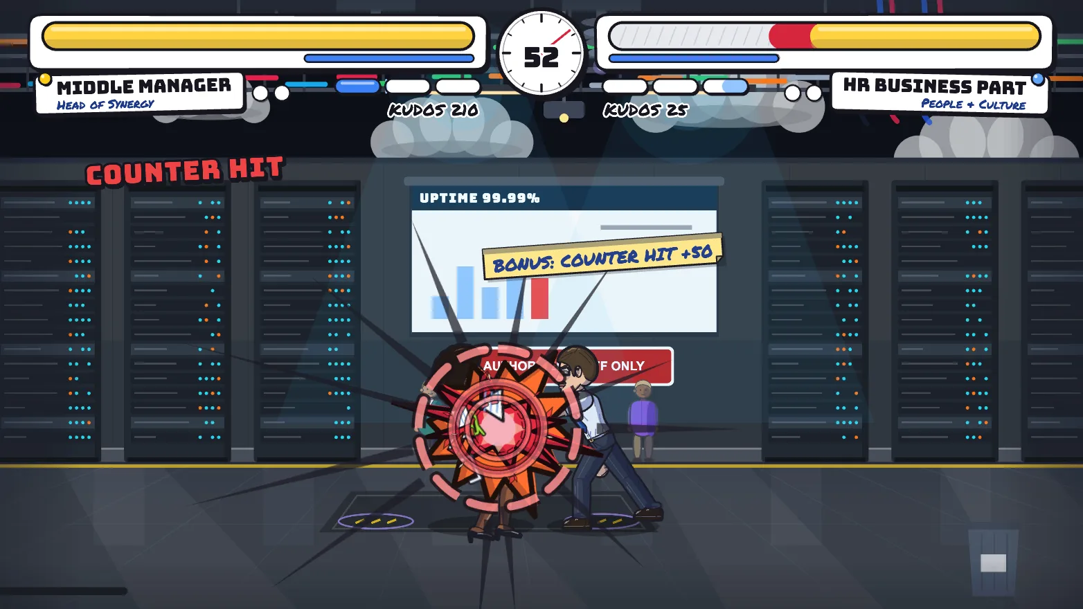 A counter hit in the server room: a burst of impact lines, a COUNTER HIT label and a BONUS: COUNTER HIT +50 note