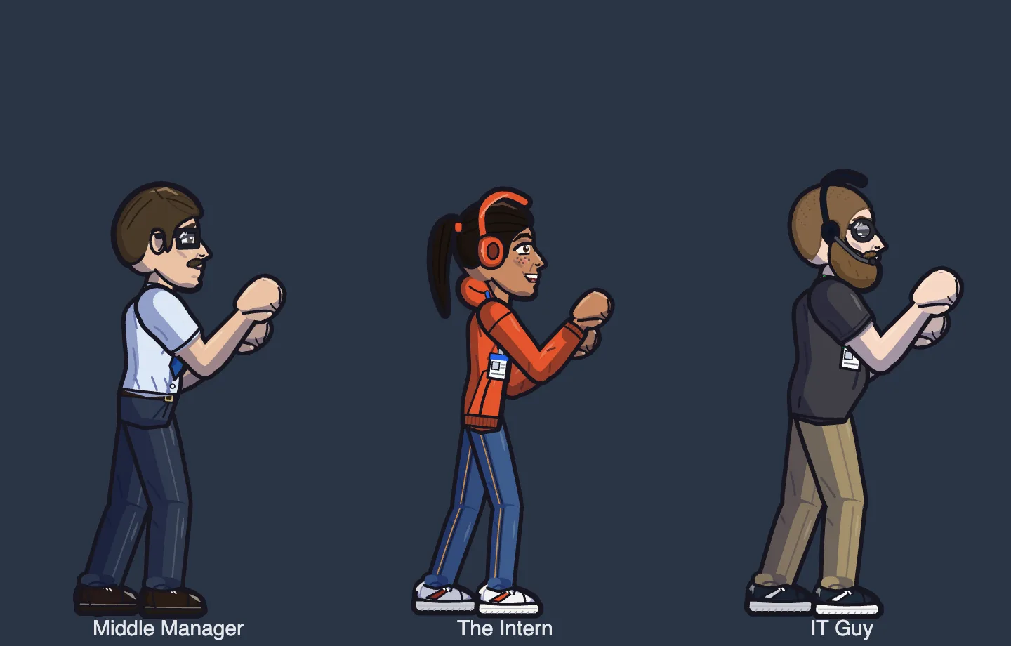 Three inked side-profile fighters in a line-up: Middle Manager, The Intern and IT Guy